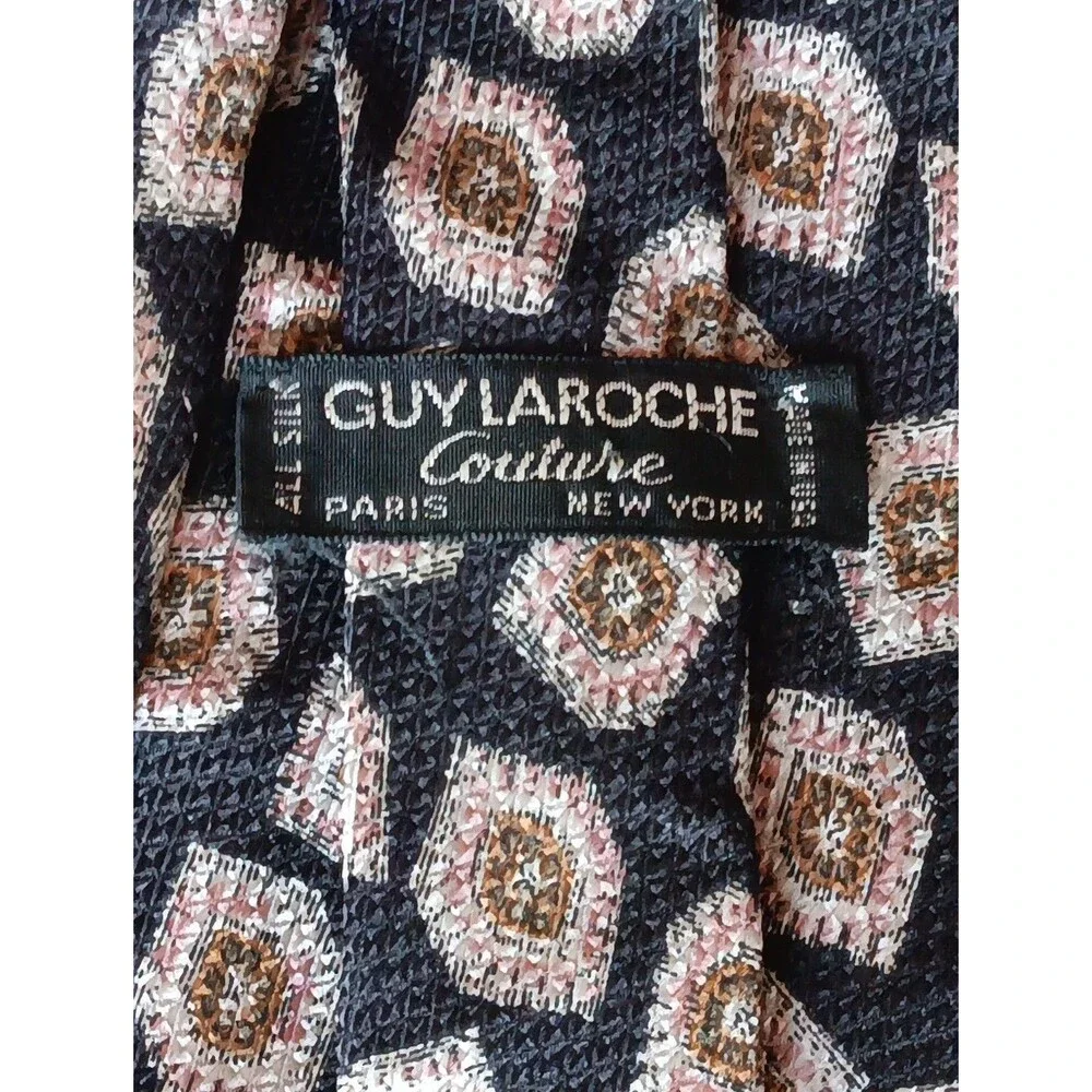 Tie 70s 80s 90s Y2K Mens Guy Laroche Silk Black Beige 3.75 Wide 58 Long
